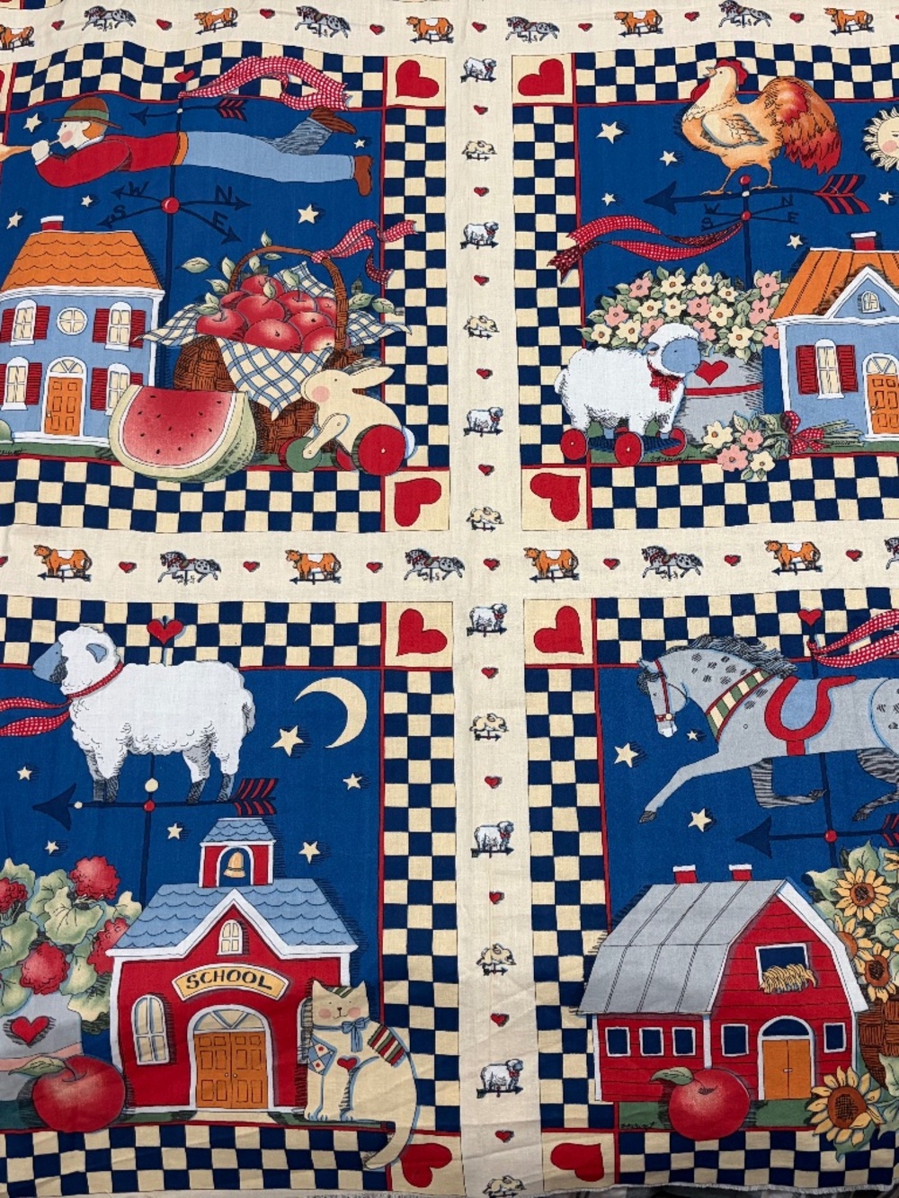 Vintage 1995 Susan Winget Fabric Panel – Farmhouse Folk Art Quilt Cotton 🐄🌻❤️